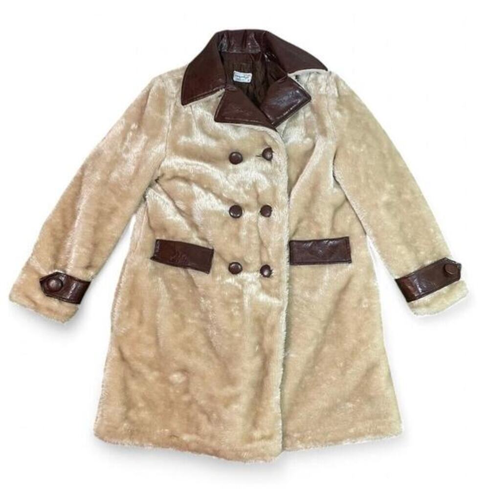 VintageFaux‎ Fur Leather coat womebns 14 70s Fingerhut Collar Coat Retro Jacket